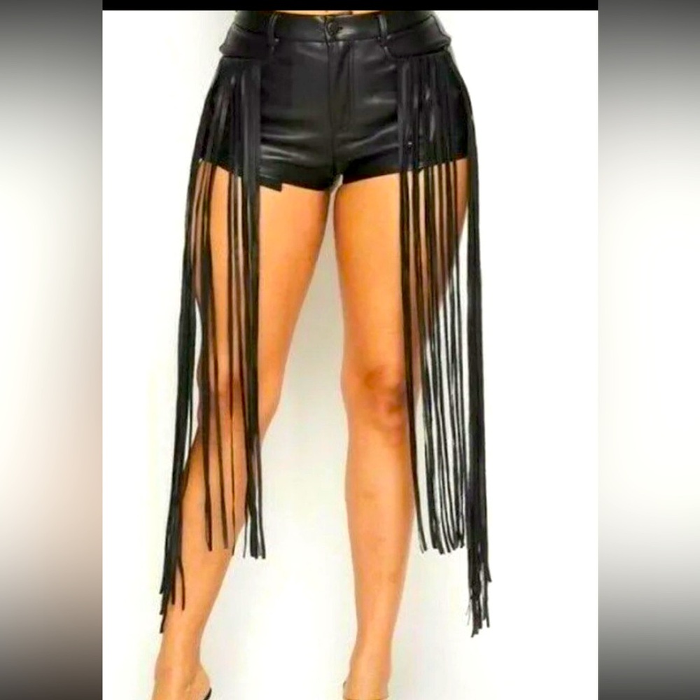 Black Fringe Leather Shorts